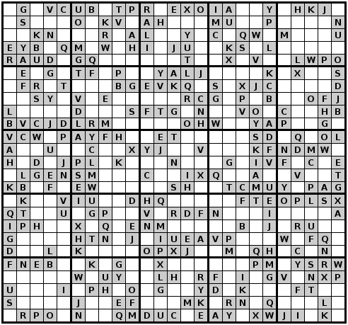 Alphadoku, 25X25 sudoku puzzle, symmetric, beginner No. 1