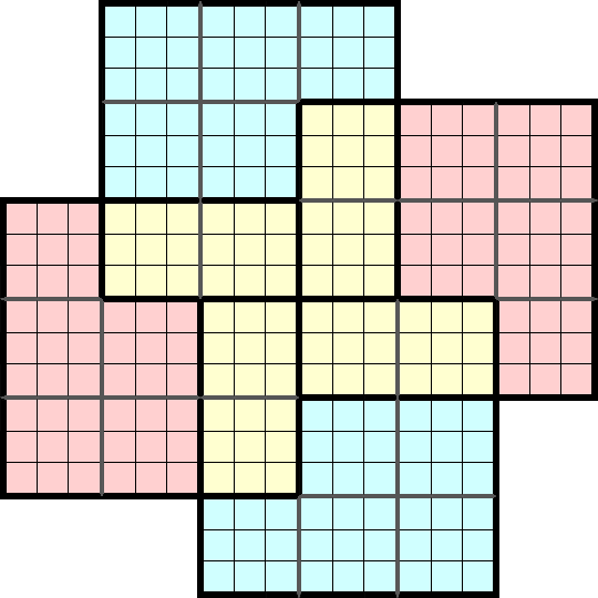 Blank special samurai sudoku of 4 grids. symmetric. Colored background.