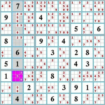 Highlighted candidates method by exclusion in a column of a sudoku grid.